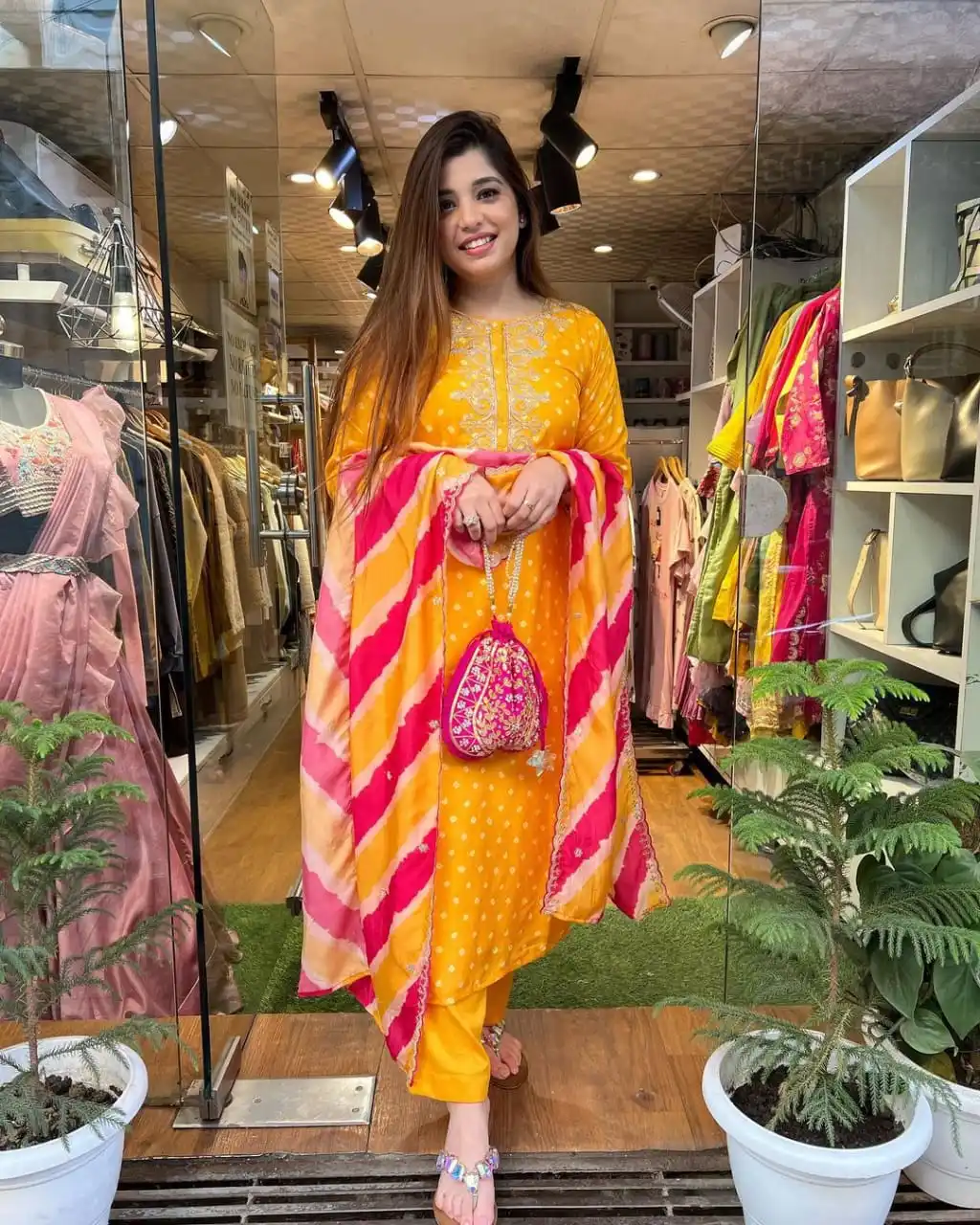 New Modern Beautiful Handcrafted Embroidery on Kurta Solid Pant Pajama with Leheriya Style Dupatta Traditional Indian Made