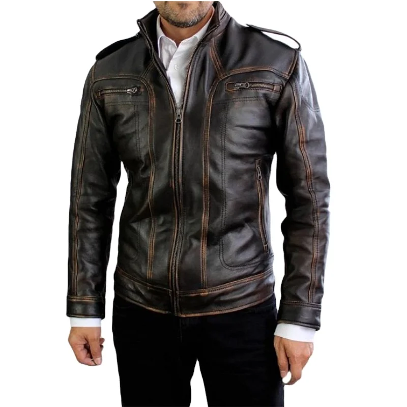 
Biker Distressed Motorcycle Leather Jacket Real Genuine Leather Riders Motorbike Ridding Racing Casual Leather Jacket Wholesale 