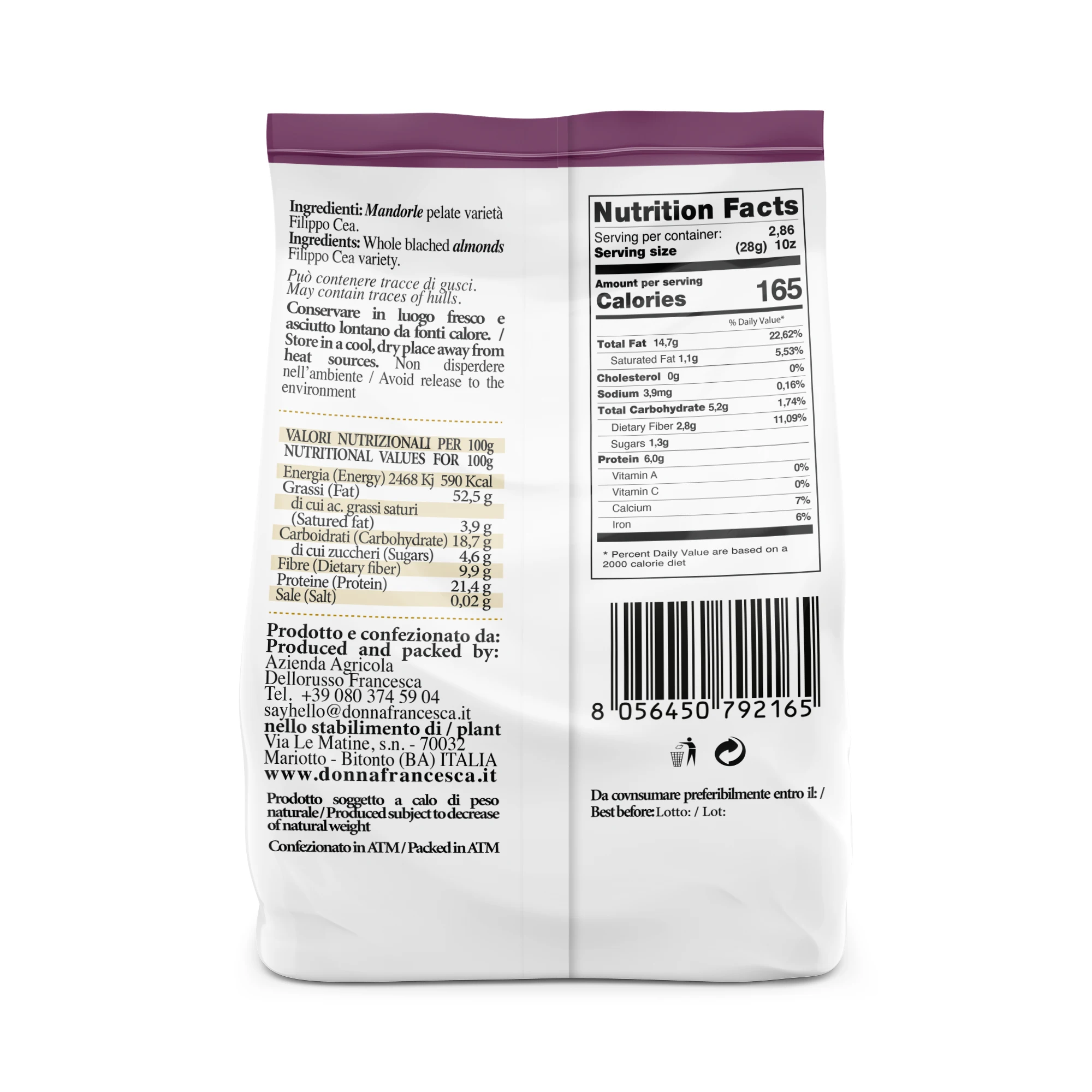 Italian Whole hand blanched almond 80 g Premium Quality - Healthy Food - Short Supply Chain - Made in Italy