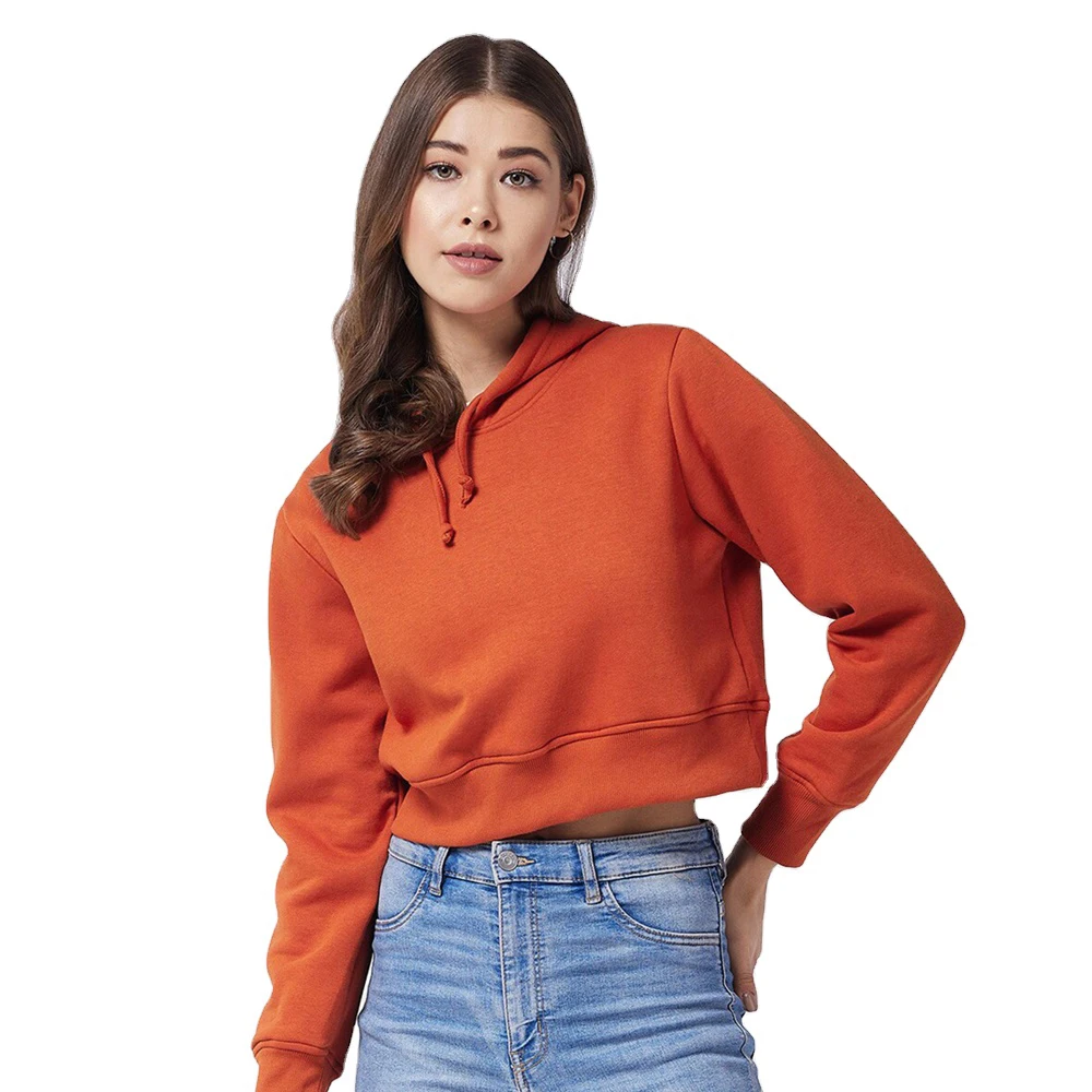 Лидер продаж белый женский укороченный топ из 100% хлопка худи на заказ с длинным рукавом и вырезом