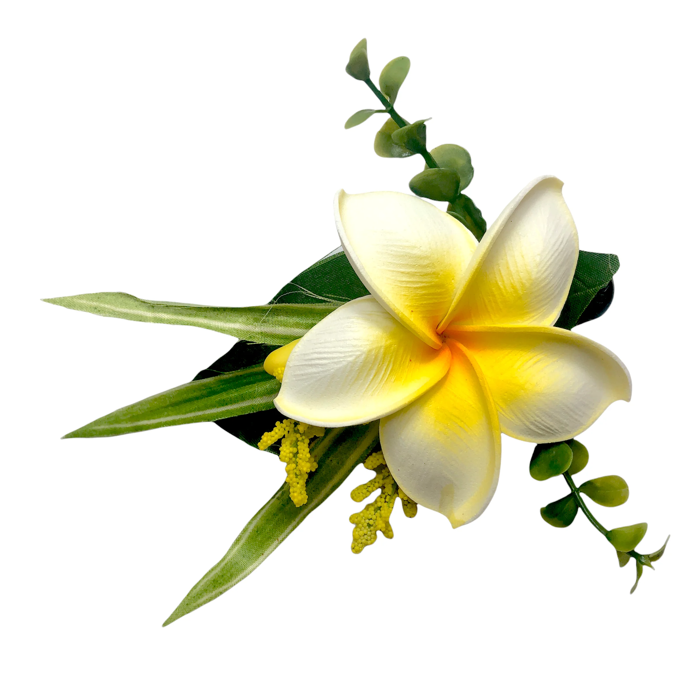 Hot selling Hawaiian premium Plumeria frangipani foam flower with fabric leaf hair clip for hair accessories