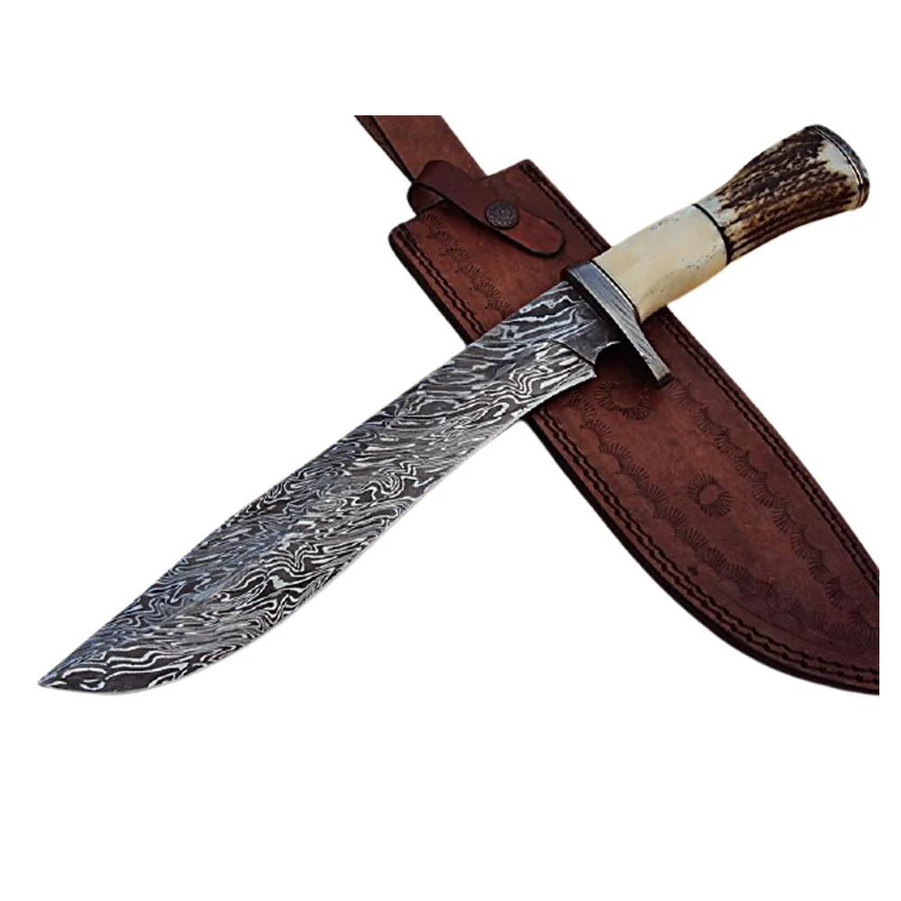 
Боуи из дамасской стали. Хорошо изготовленный, красивый художественный предмет. Ручная кованая лезвие с рисунком огня шторма. 