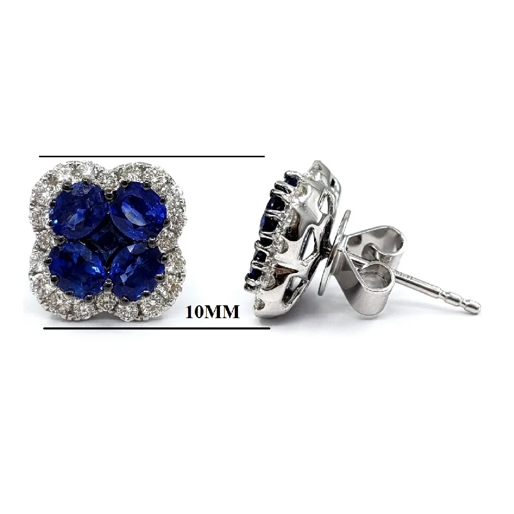 Blue Sapphire Natural Design 18K Solid White Gold Diamond Fine Jewelry Flower Shape Oval Color  Cluster Earring Stud  For Women