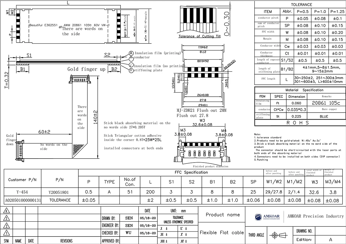 Ffc Flat Cable Flex Ribbon 6 Pin 28 Cm Inverted Awm 20624 80c 60v-1 0.5 Mm Pitch Ffc Cable