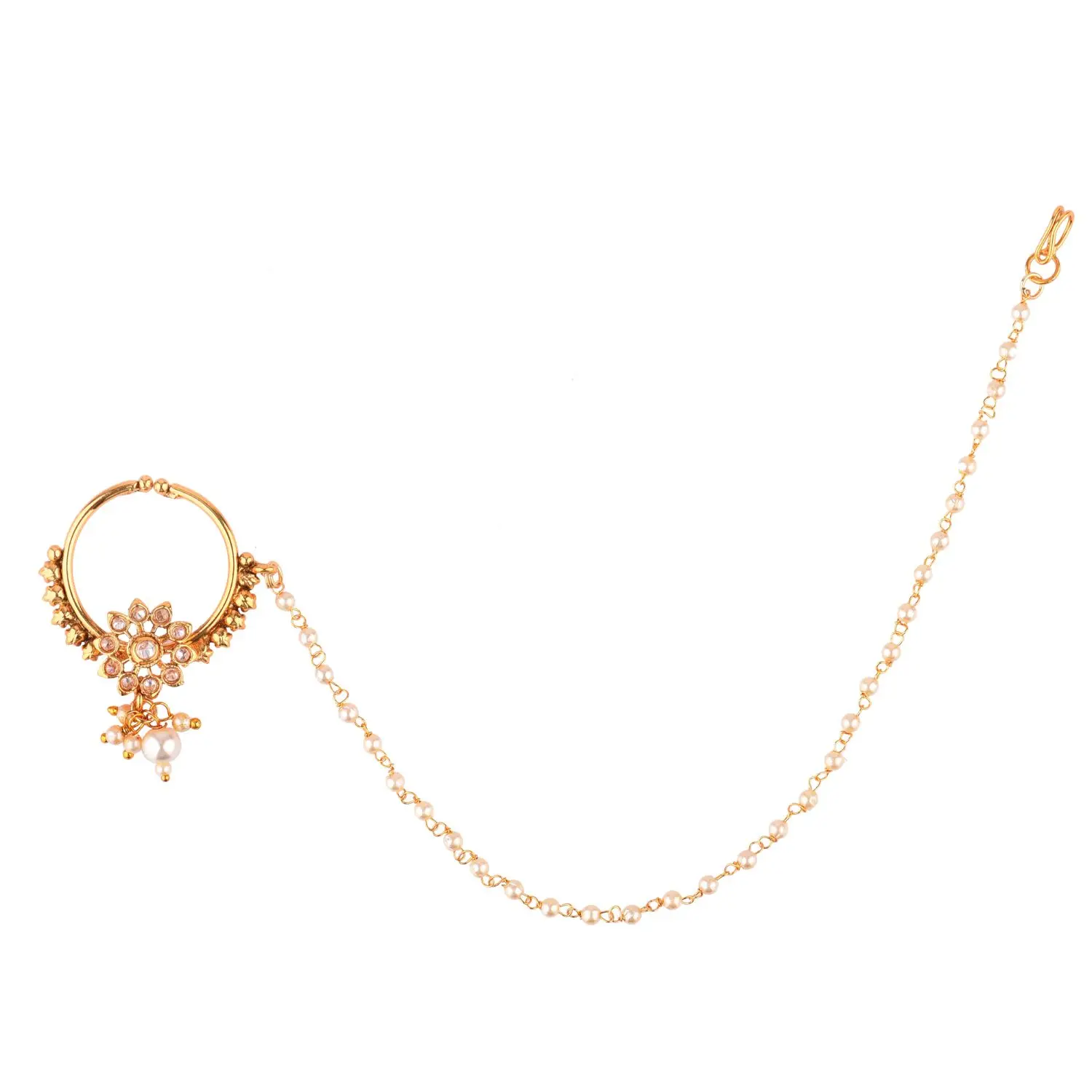 Indian Jewelry Nose Ring  Crystal Kundan Bridal Nose Pin with Faux Pearl Chain Nath No Piercing Jewelry Accessories