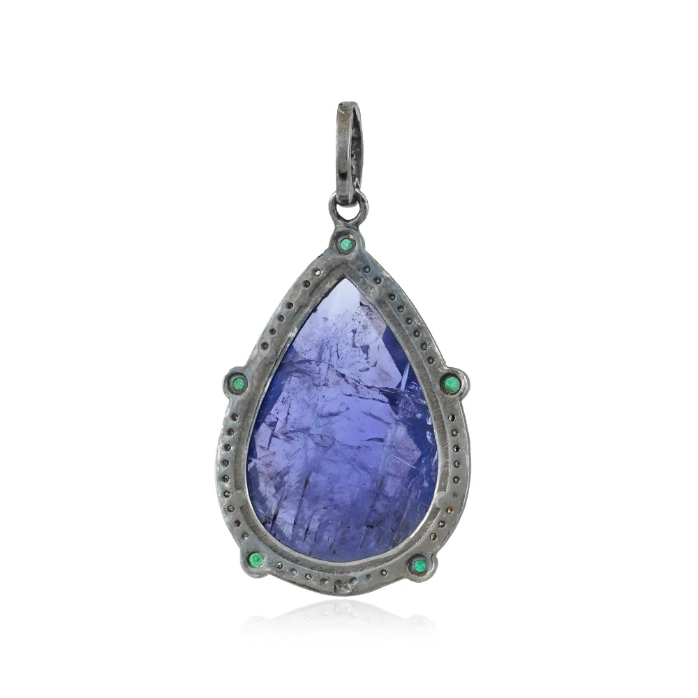 Pear Shaped Tanzanite Gemstone Oxidized 925 Silver Pave Diamond Designer Emerald Pendant Jewelry Wholesale