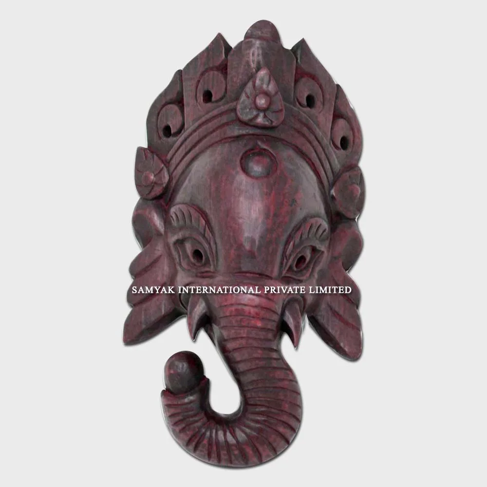 Hand-Crafted Wooden Wall Hanging Carved Sculpture of Hindu Lord Ganesh Religious Art Style Poplar Wood for Home Decor Gift