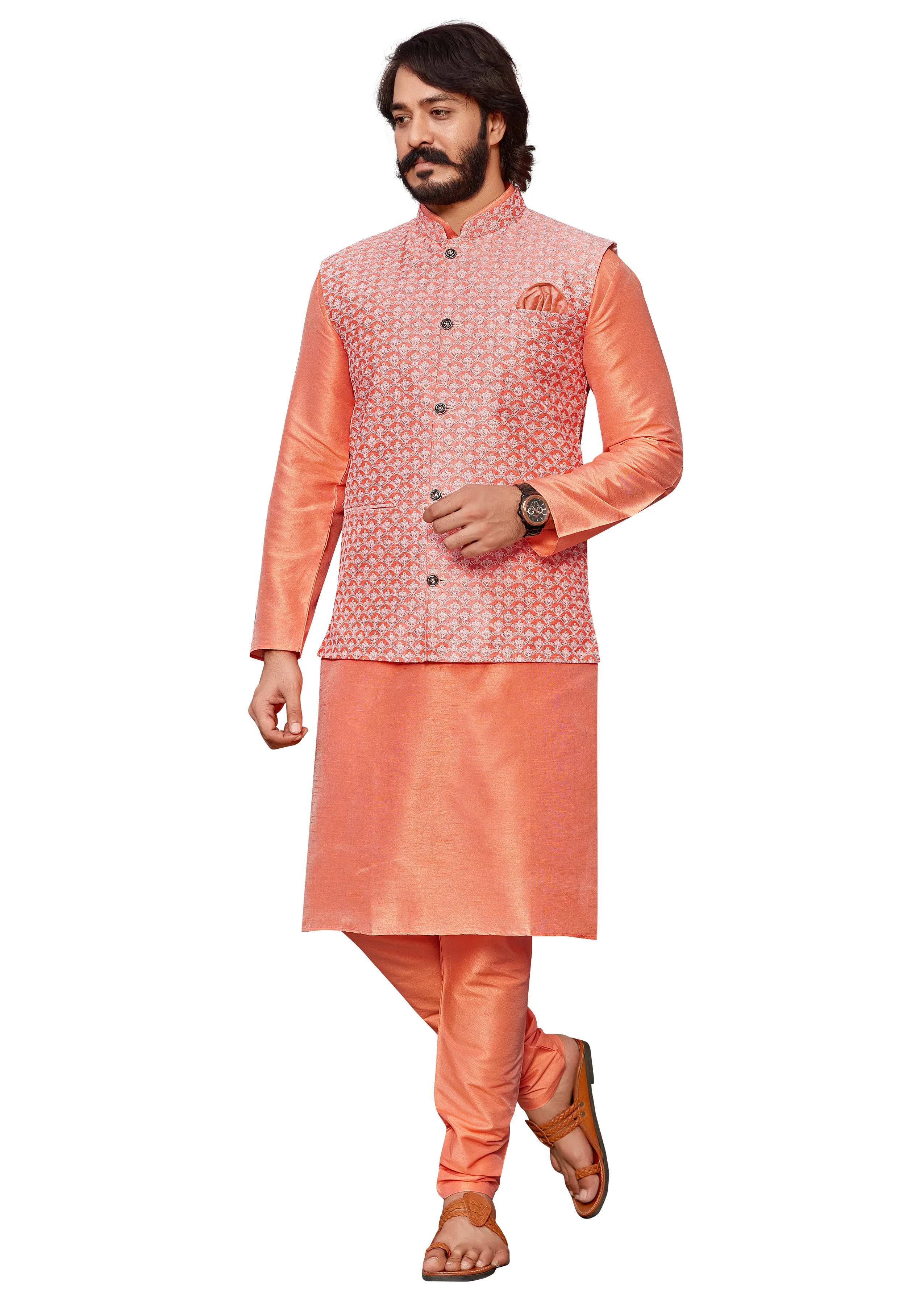 
Lucknowi Work Kurta Pajama With Modi Jacket Mens wear Collection 