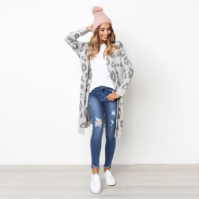 
Autumn winter women long knit cardigan with pocket leopard sueter cardigan sweater 