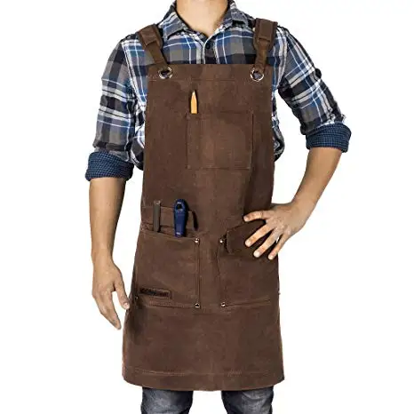 Top quality work aprons made of canvas denim genuine leather with multiple utility pockets