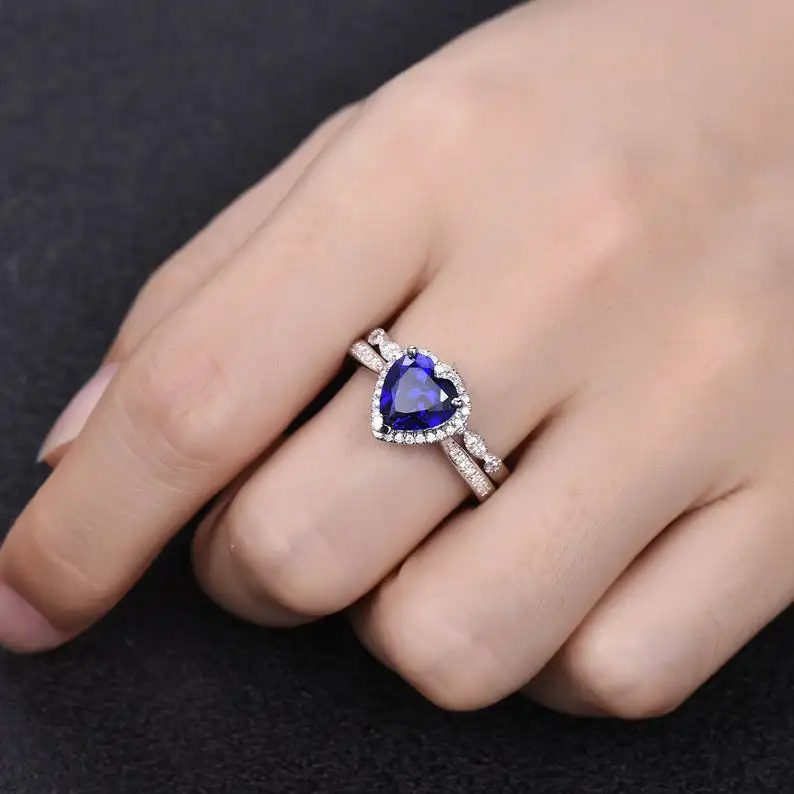 Blue Sapphire Heart Shaped Engagement Ring Gemstone Bridal Set 925 Sterling Silver September Birthstone Wedding Band