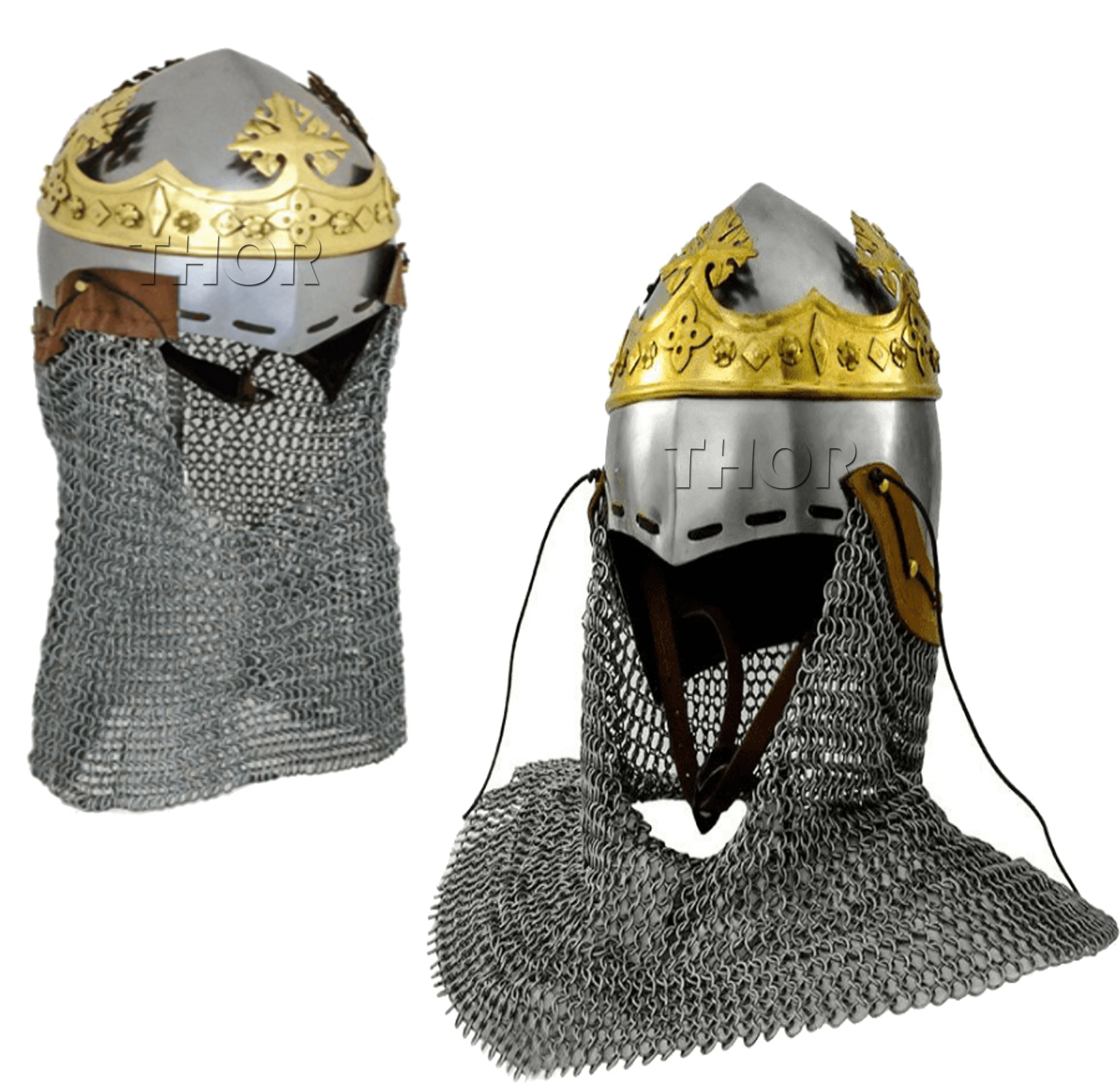 Medieval Knight King Richard Lionheart Crown Helmet Silver Color with Leather Liner Helmet Chainmial Brass Design Helm