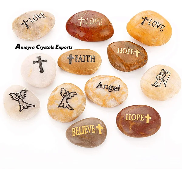 Spiritual Engraved Word Pocket Stones  Wholesale Engraved Stones for sale Worry stones From Amayra Crystals Exports