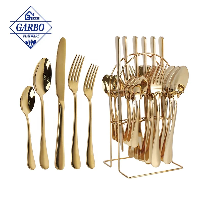 Luxury Style Shinning Gold 410ss Cutlery Set of 24pcs PVD Golden Stainless Steel Cutlery Set with Metal Stand Safe in Dishwasher
