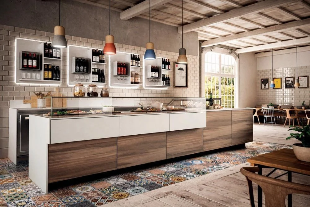 Wooden Bar Counter Upright L-Shapee Bakery Shop Interior Design Ice Cream Display Cabinet