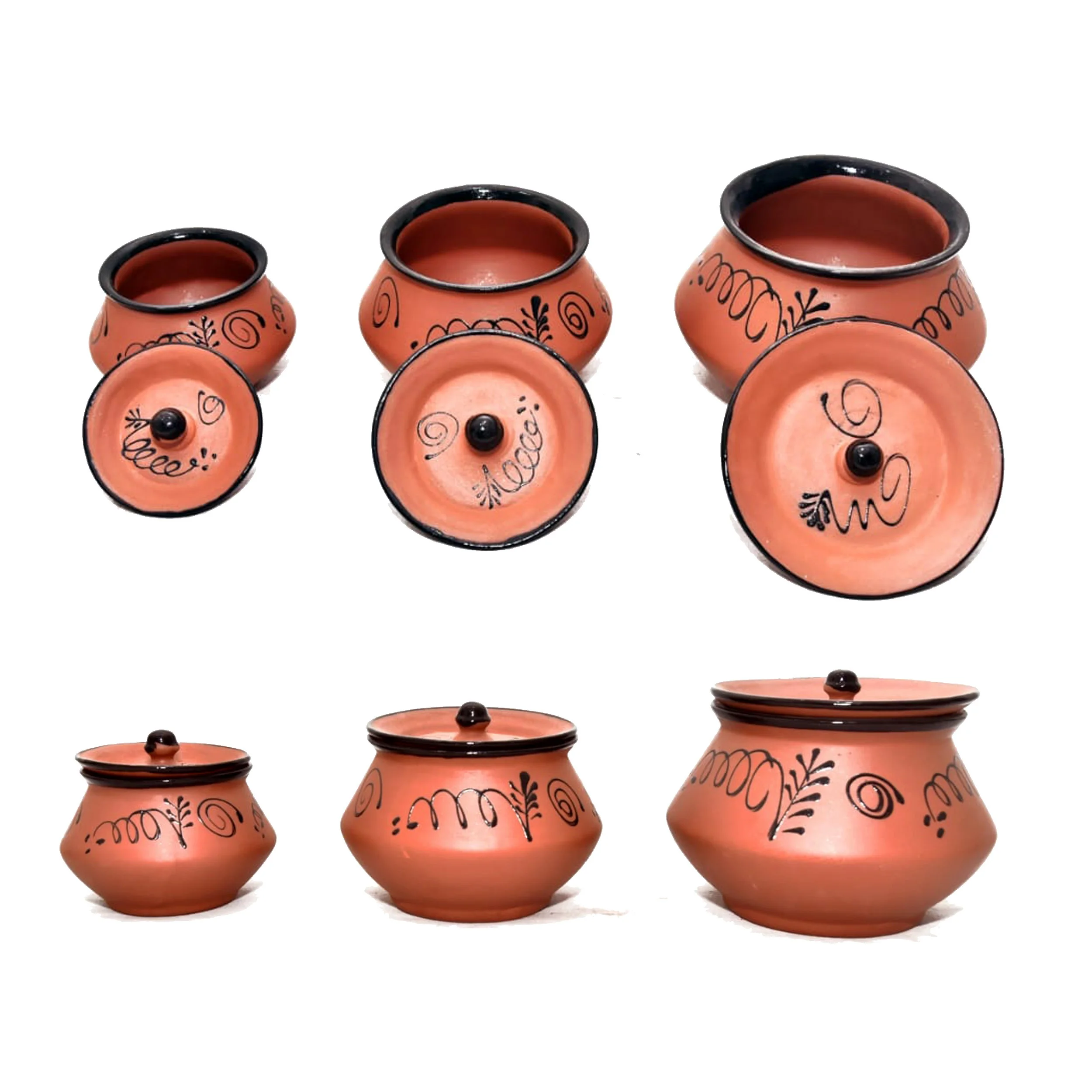 Round natural clay cooking  utensils set glazed terracotta clay indian mathani set handmade pottery of traditional style