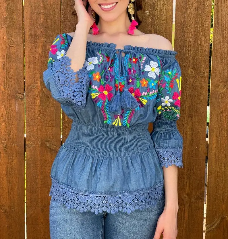 Hand Mexican Style floral  Embroidered Resort Bohemian Dress Hippie Boho Lady Butterfly Sleeve off shoulder  Beach Cover Up