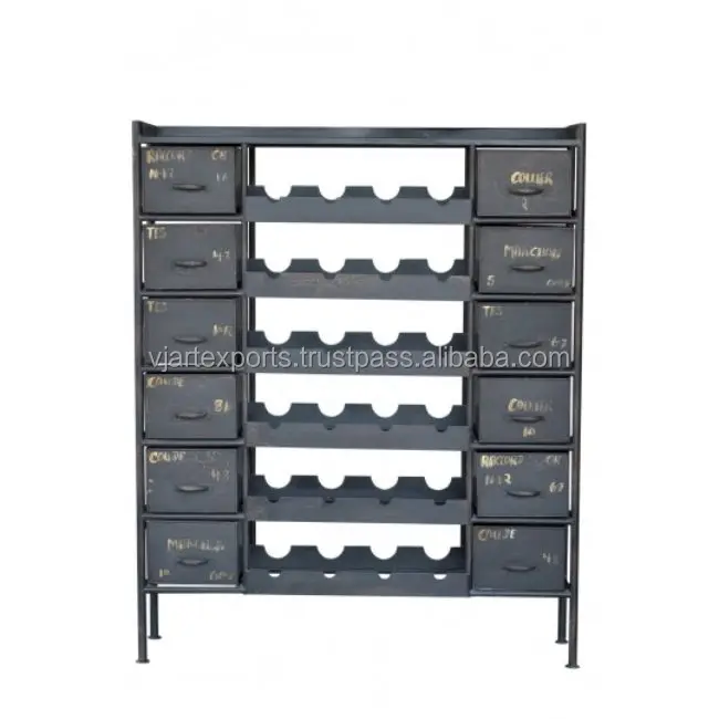 handcrafted straight line country furniture product industrial antique metal wine and bottle rack with drawers