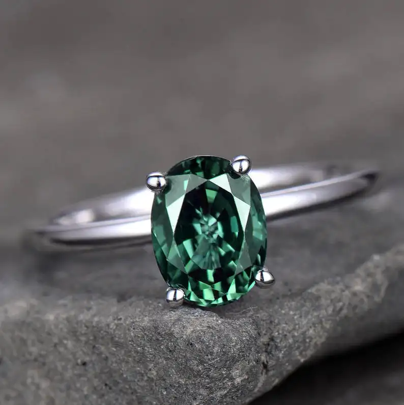 Alexandrite Ring Plain Gold Band 6x8mm Oval Color Changing Gemstone Engagement White Plated Sterling Silver Jewelry