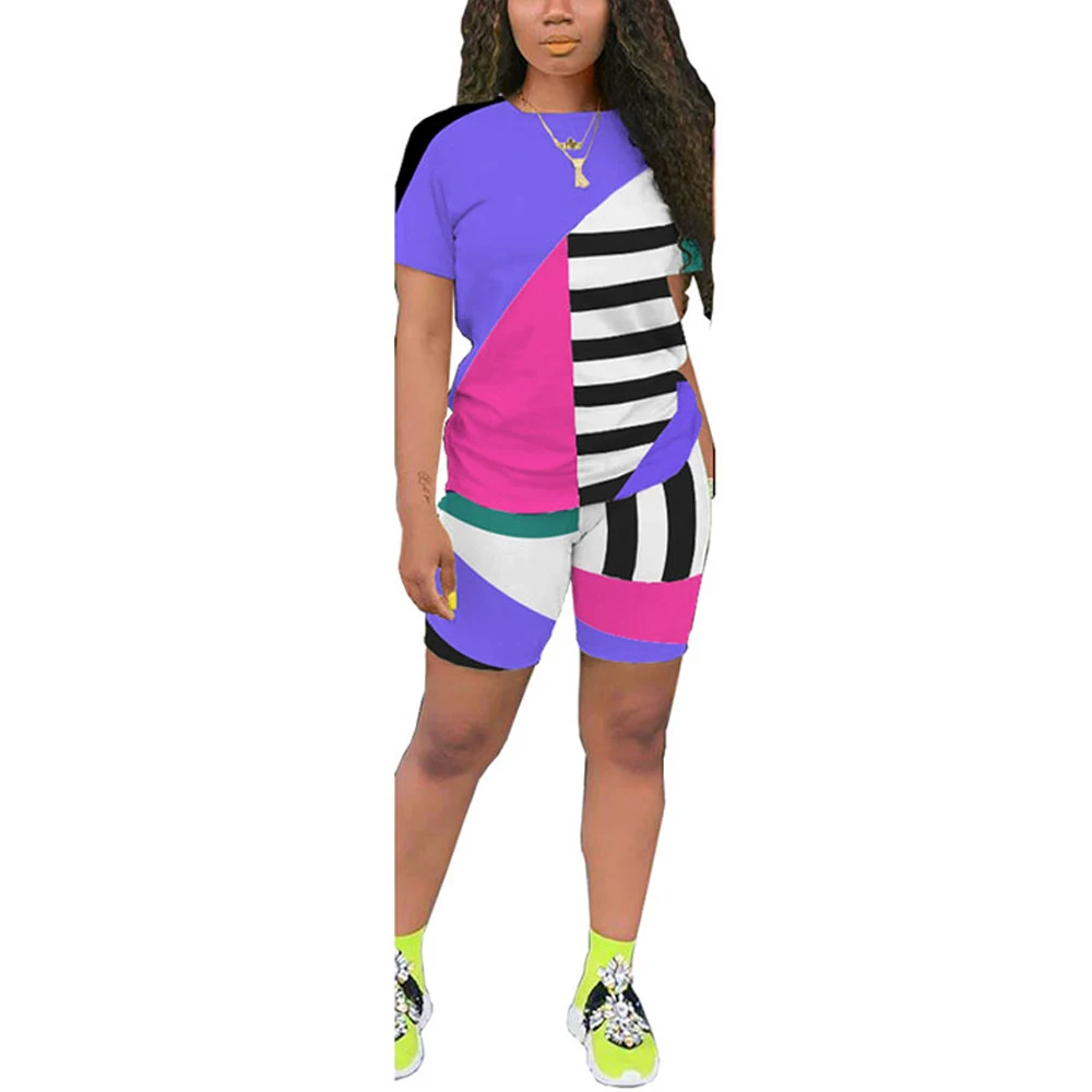  Новейшая модная дизайнерская женская разноцветная летняя одежда в стиле пэчворк 100% хлопок однотонные повседневные комплекты из Джерси