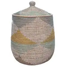 Handmade 100% Eco-Friendly Seagrass Storage Trunk New Product with Oval Pattern Plastic Lid Organizer for Laundry Waste Basket