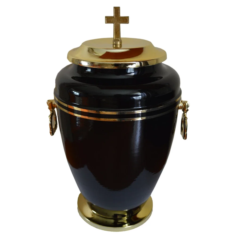 stylish Iron Black Funeral Cremation Urn With Golden Cross
