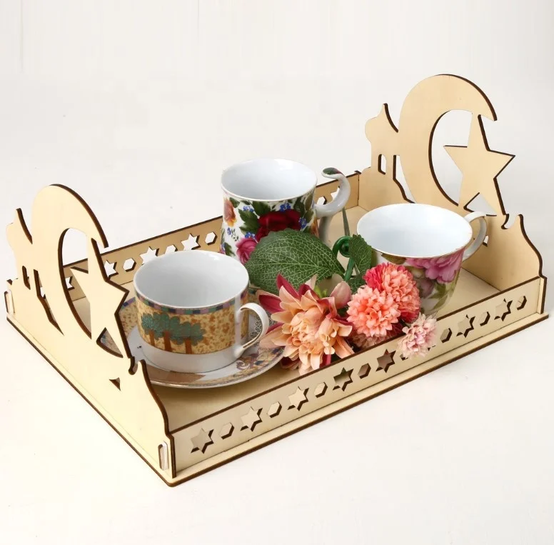 Eid Ramadan Mubarak Wooden Artistic Eid Mubarak Party Serving Tableware EID Muslim Ramadan Tray Display Wood Decoration
