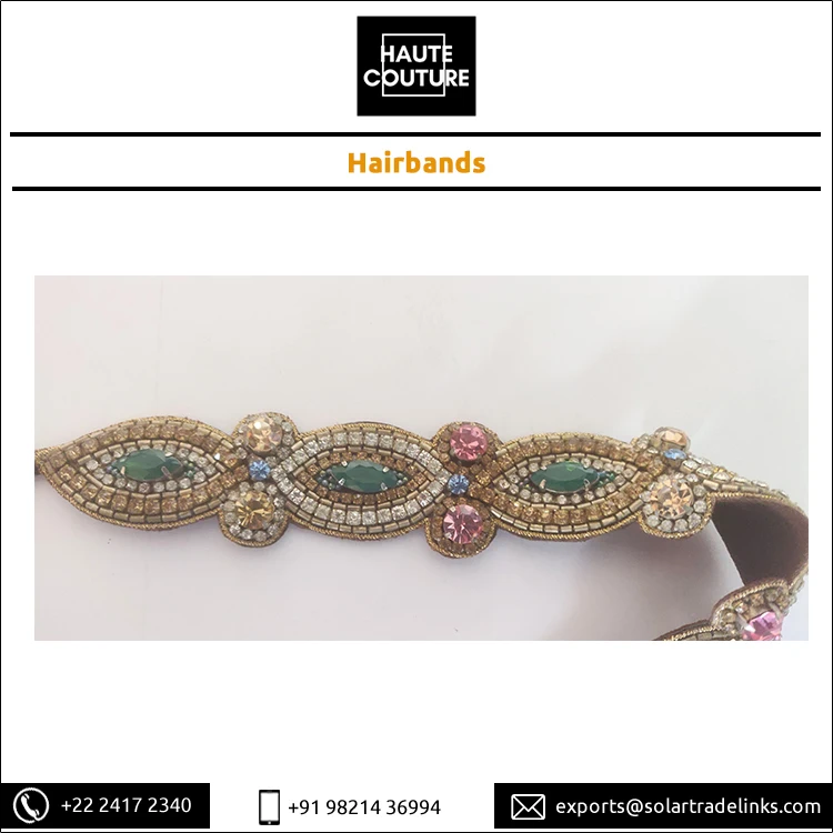 2024 Top Most Selling Hand Embroidered Hairband Beads Made Emerald Marquis Eye Fashion Hairbands for Girls