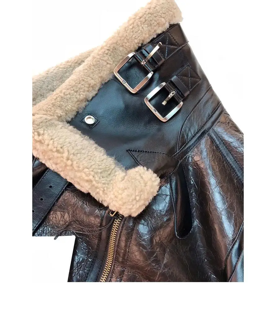 2019 Winter New women fur Bomber Real leather jacket sheepskin Double face Shearling Coat Oversized Genuine Leather jacket