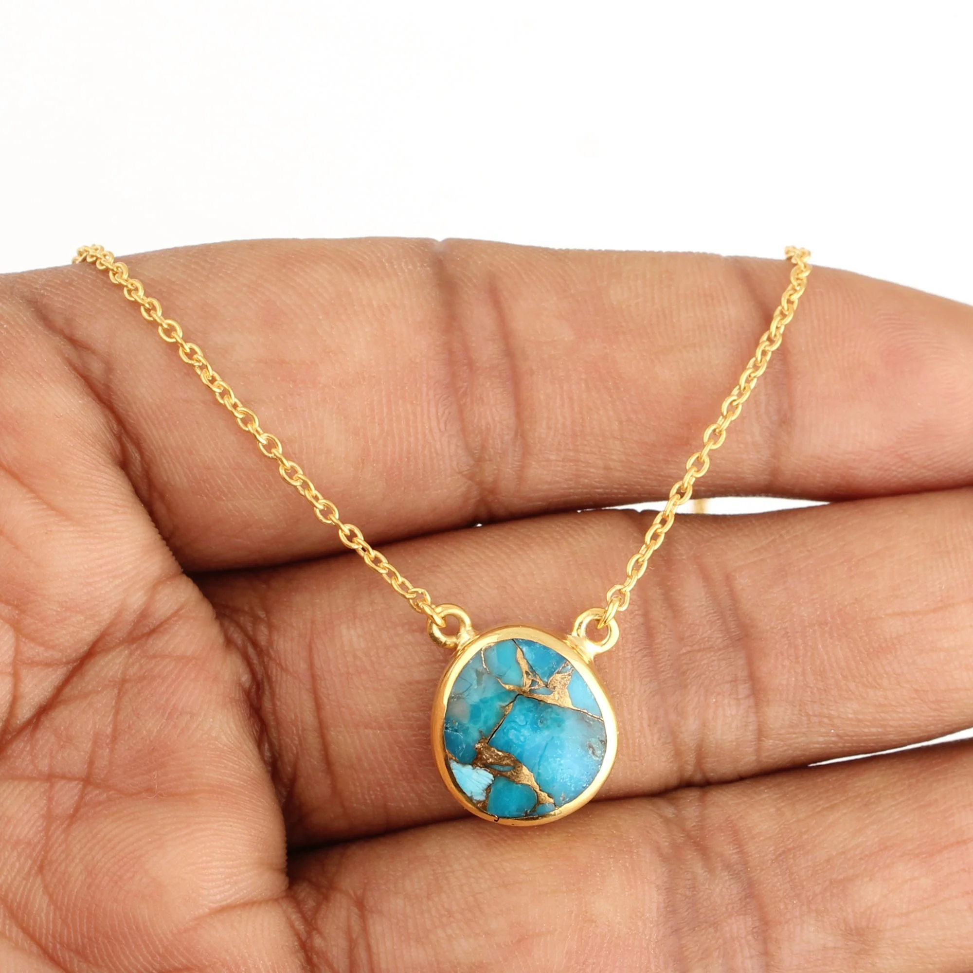 2023 Export Quality Blue Color Turquoise Copper Lightweight 925 Sterling Silver Women Gold Plated Jewelry Fine Jewelry Necklace