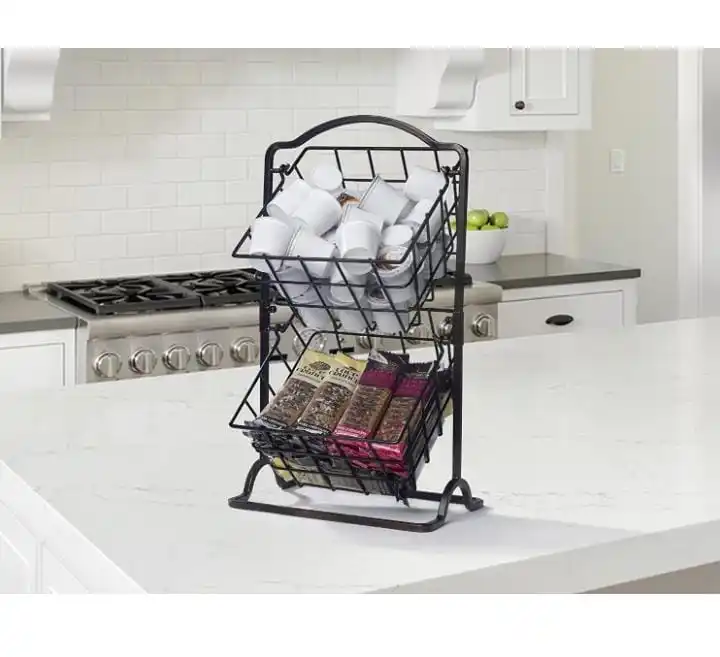 Home Kitchen Storage 2 tiers Powder Coated Metal Wire Vegetable Fruit Basket for Household Use