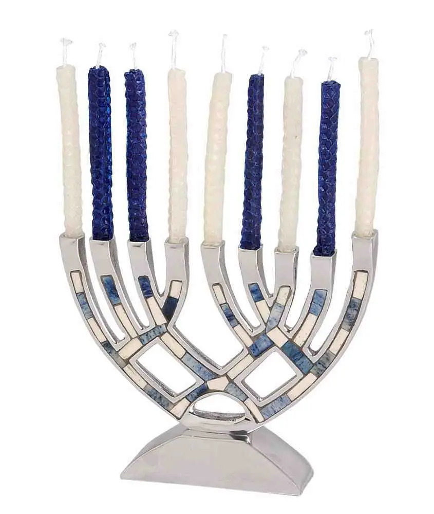 Modern Design Aluminium Candelabra menorah with bone inlay in blue candle stick for hanukkah 7 arms at wholesale price in nickel