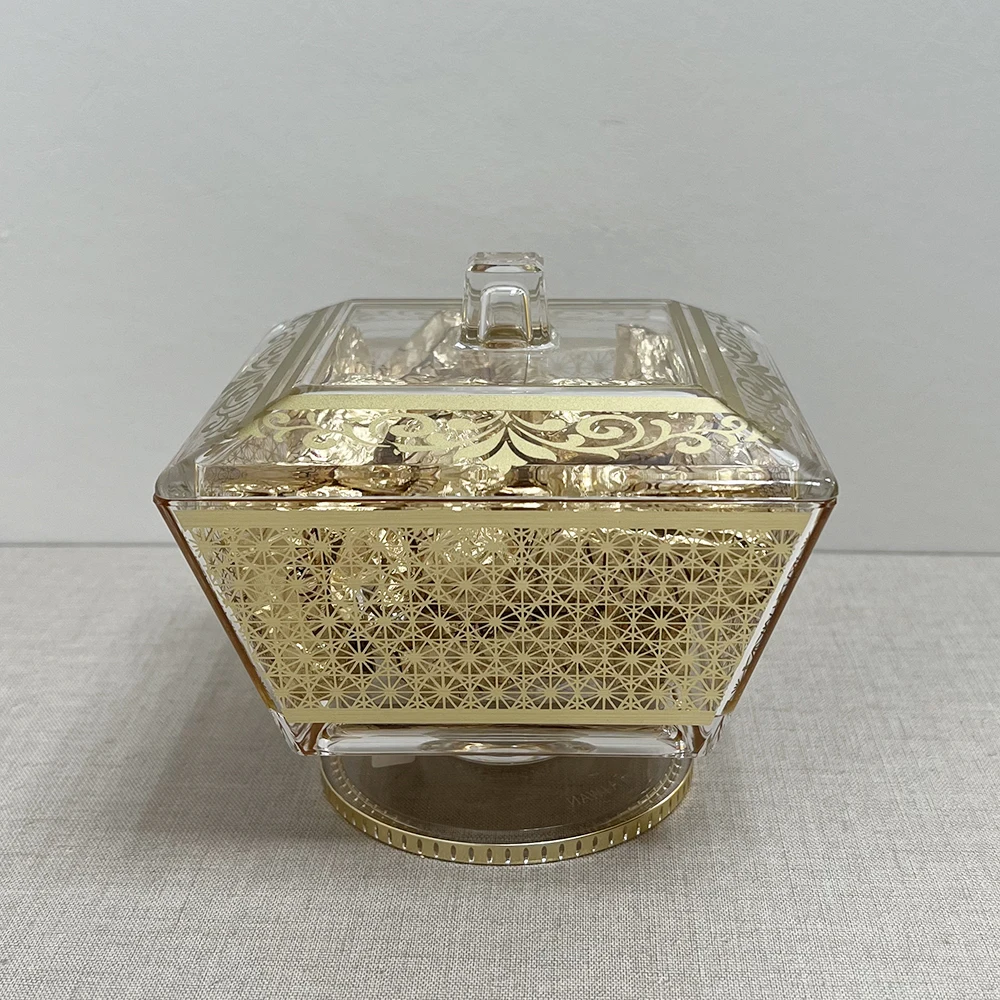 HNA Taiwan Made Plastic Gold Silver Design Square Compote Candy Jar with Stand Cover
