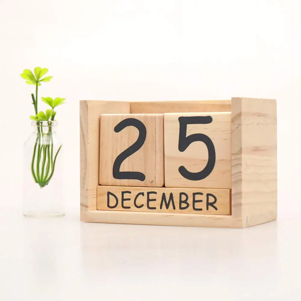 Desk Accessory Calendar  Home Office Decoration Perpetual Soild Wooden Block Calendar