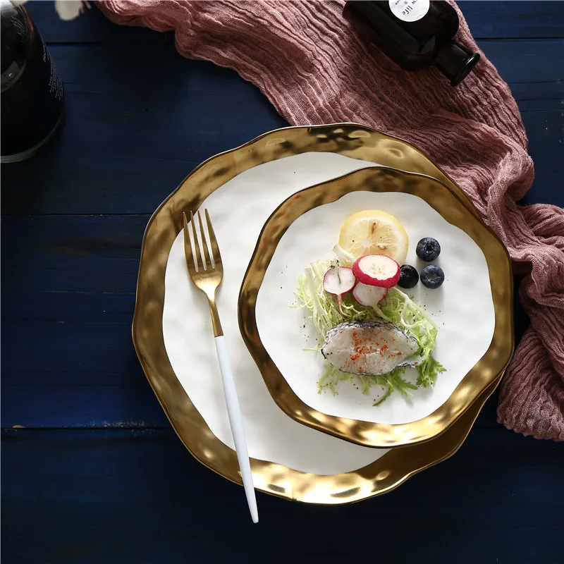 king  Luxury Tableware Irregular Porcelain Salad Pasta Plate White Ceramic Dinner Plates With Gold Rim
