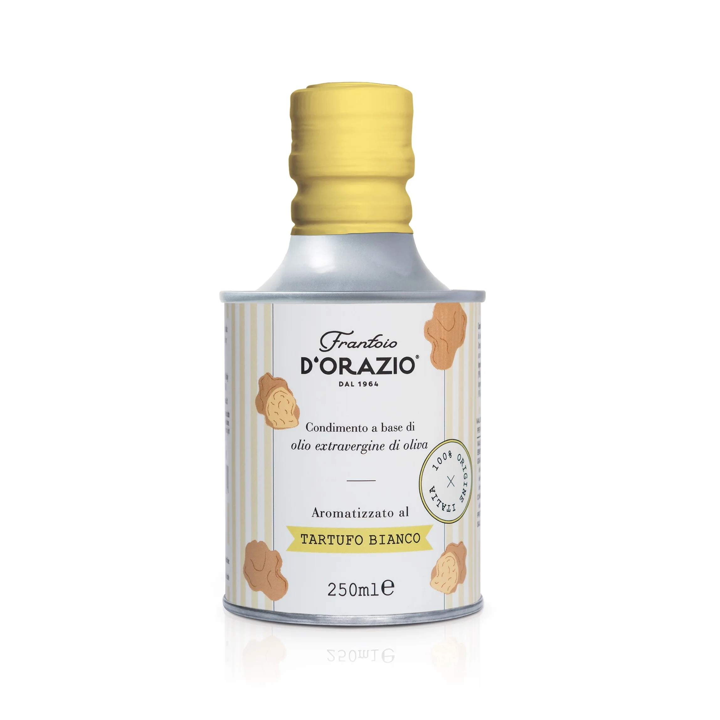 Premium extra virgin olive oil flavored with white truffle 250 ml tin bottle Product of Italy