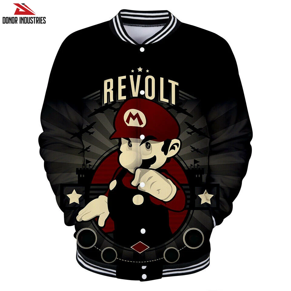 Super Mario 3D Full Print Baseball Uniform Jacket Unisex Coat Jumper Sublimation Baseball Varsity Jacket