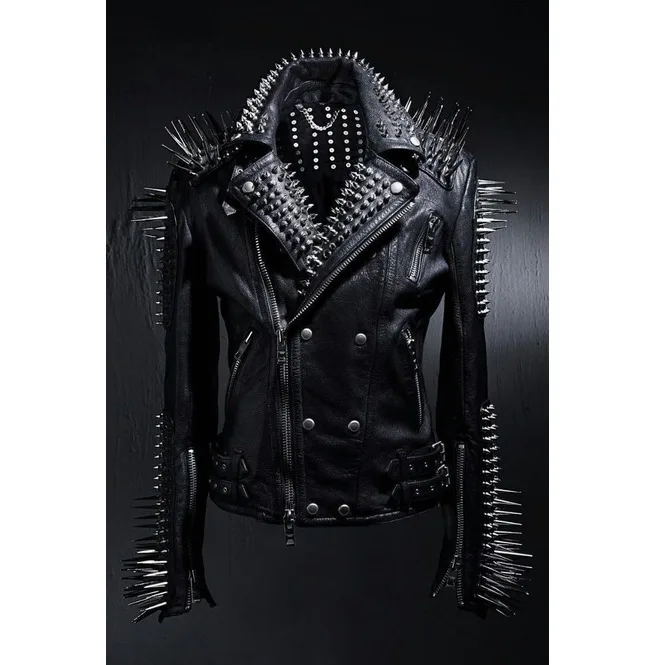 
Men Black Multi Studded With Long Spike Rocker Punk Style Biker Jacket 