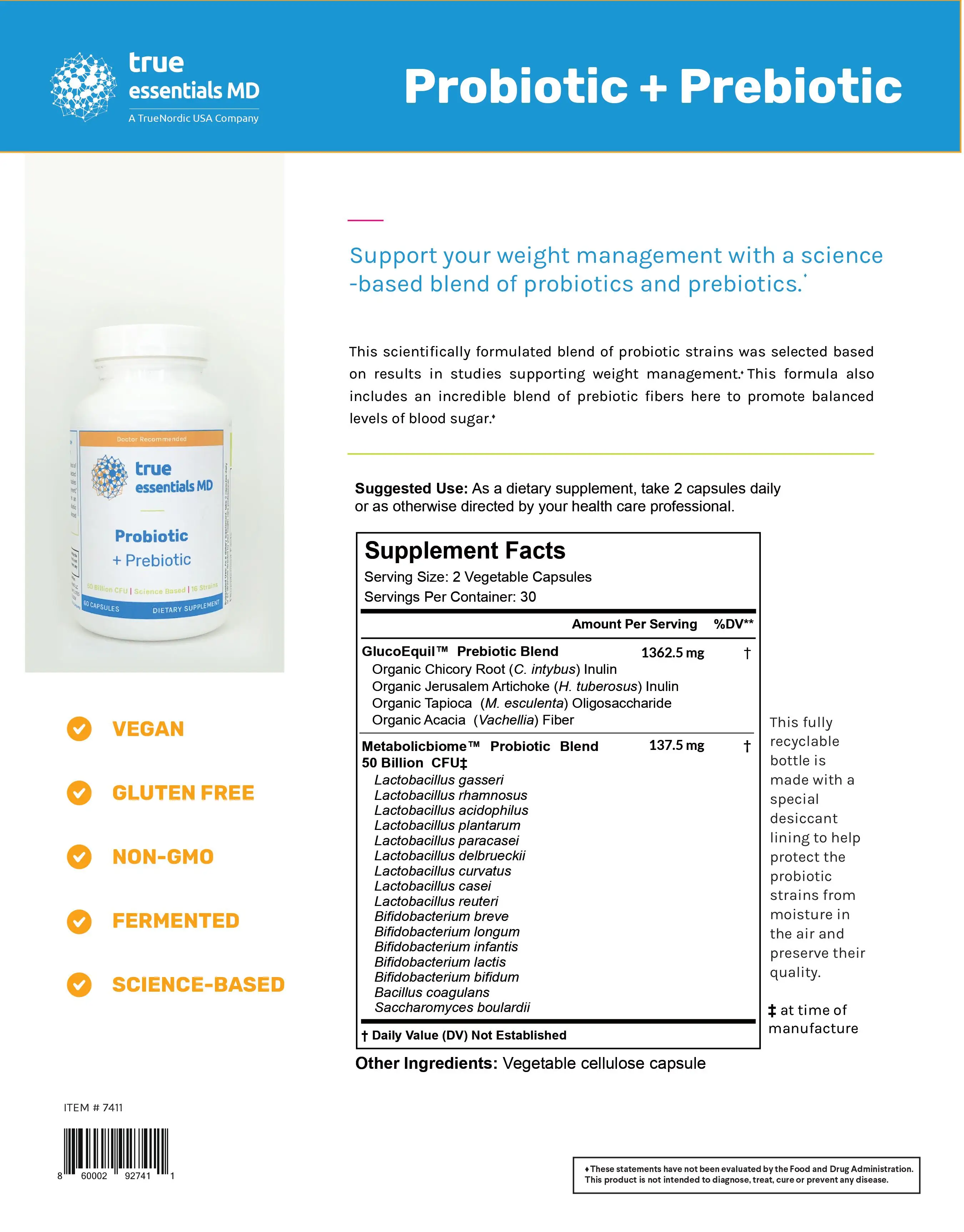 
Vegan, Gluten Free, NON-GMO, Fermented, Science-Based Probiotic + Prebiotic by TrueEssentials MD 