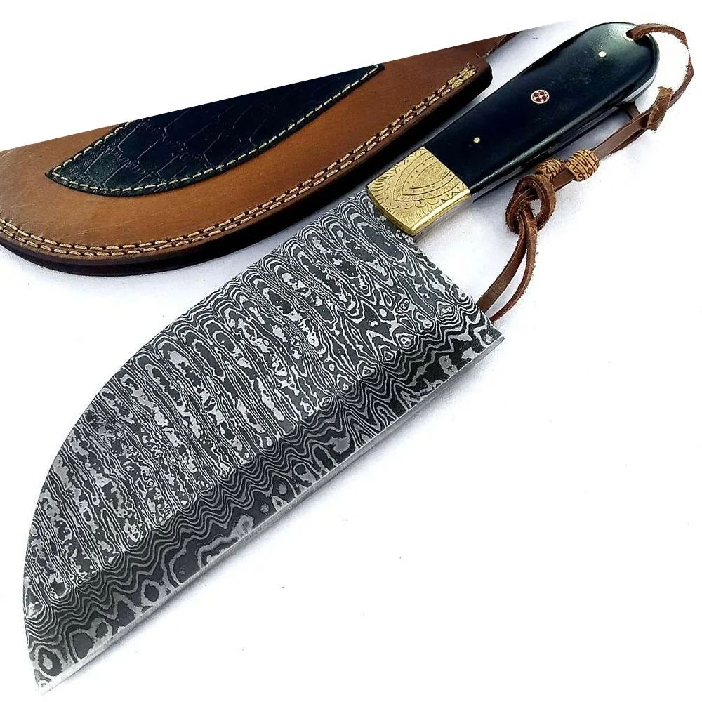 Best Quality Damascus Steel Fixed Blade Professional Kitchen Cleaver Chopper Knife Handle Black Micarta Engraved Brass Clip