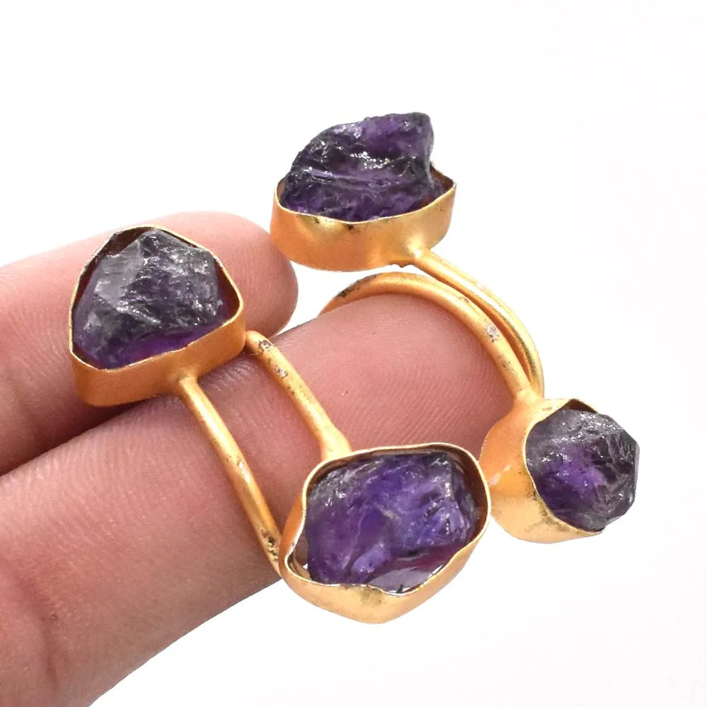 
amazing natural amethyst rough gemstone handmade gold plated jewelry engagement ring 