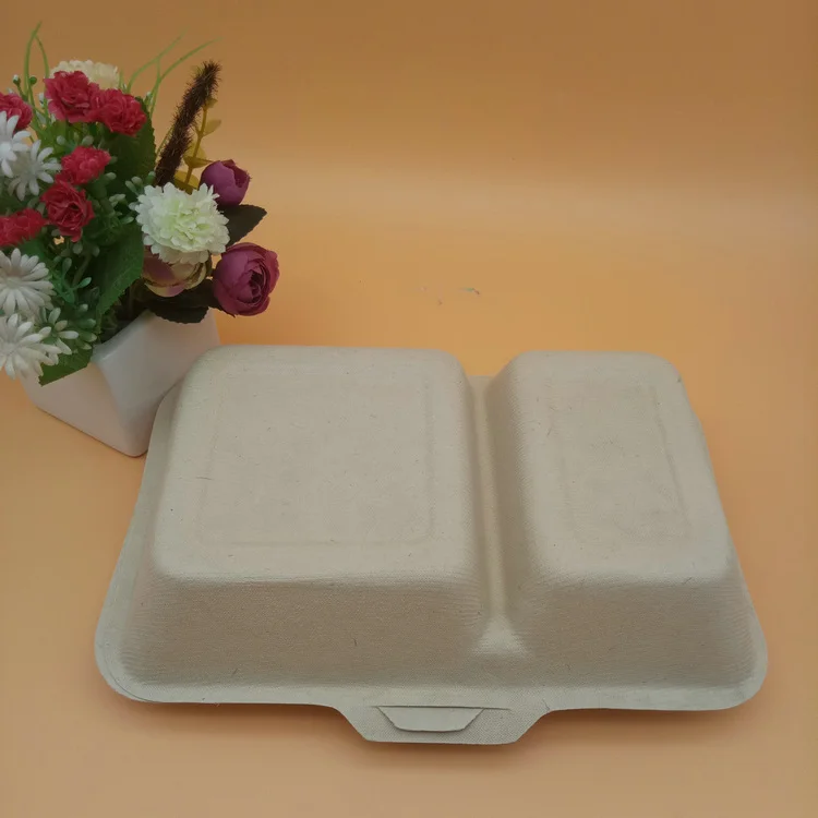 
100% compostable food packaging bagasse 2 compartment clamshell lunch box containers 