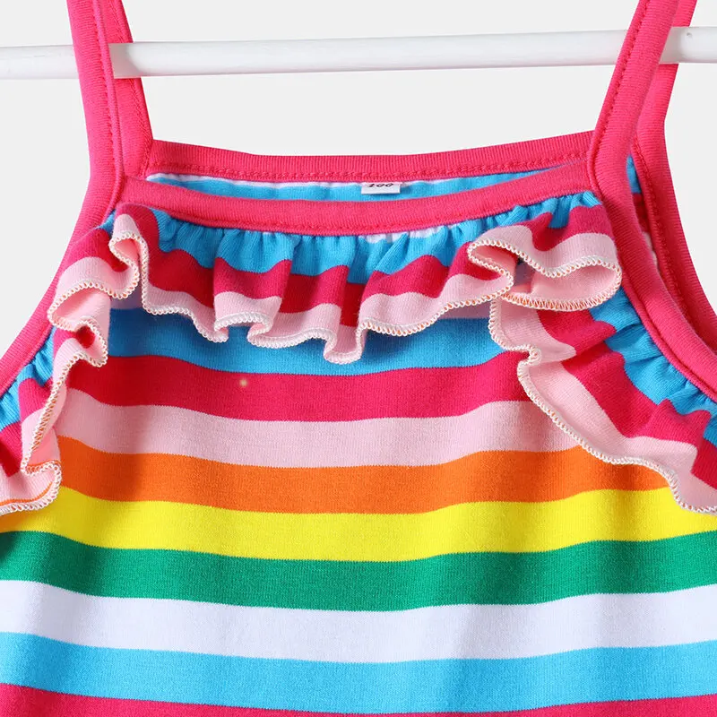 New Fashion Casual Rainbow Striped Print Sleeveless Casual Dress For Girls