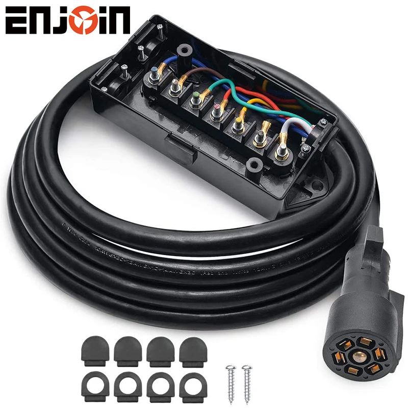 ENJOIN Heavy Duty 7 Way Plug Inline Trailer Connector with 7 Gang Junction Box - 8 Feet Weatherproof