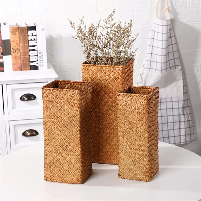 Natural Tall Rectangle Straw Seagrass Vase Open Weave Floor Flower Vase Table Vase Decorative Home Office Hotel from Vietnam FBA