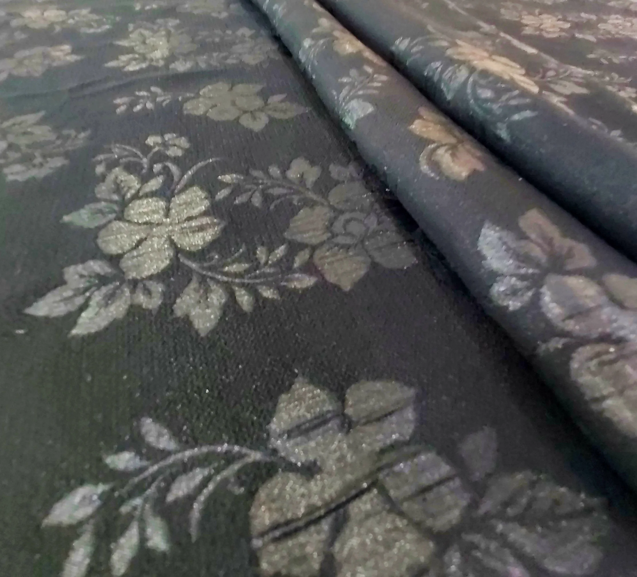 Jacquard Formal Black Fabric With Flocking Shiny Silver Metallic Floral Pattern For Muslim Women Long Dress Abaya #H138D