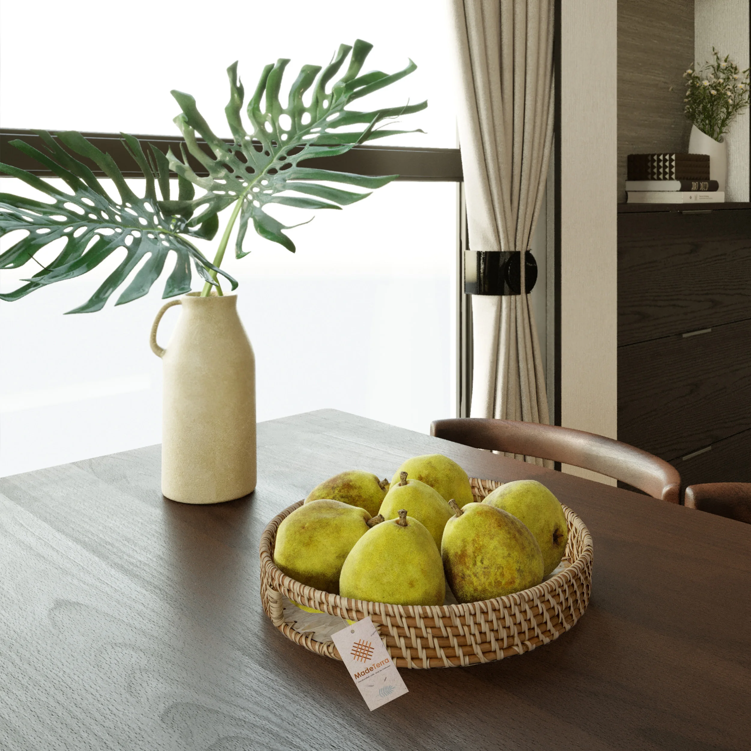 Set Of 2 Mother Of Pearl Inlay with Rattan Serving Tray for Breakfast, Snacks and Fruits - Rattan Tray Handmade Bone Inlay Tray