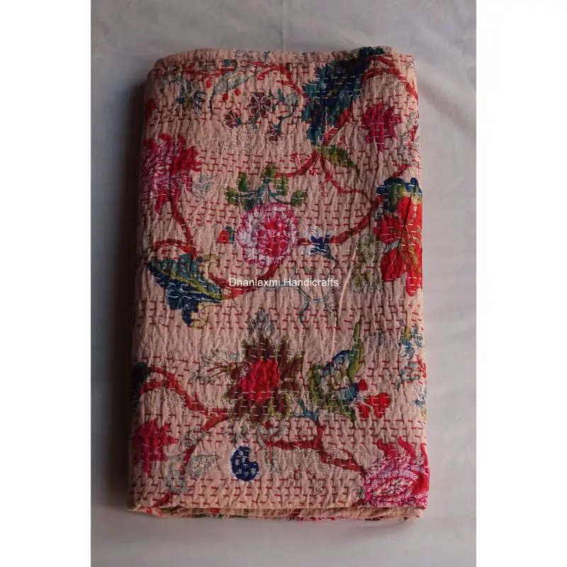 Легкое Персиковое красивое цветочное индийское Хлопковое одеяло Kantha ручной работы с цветочным принтом оптом покрывало