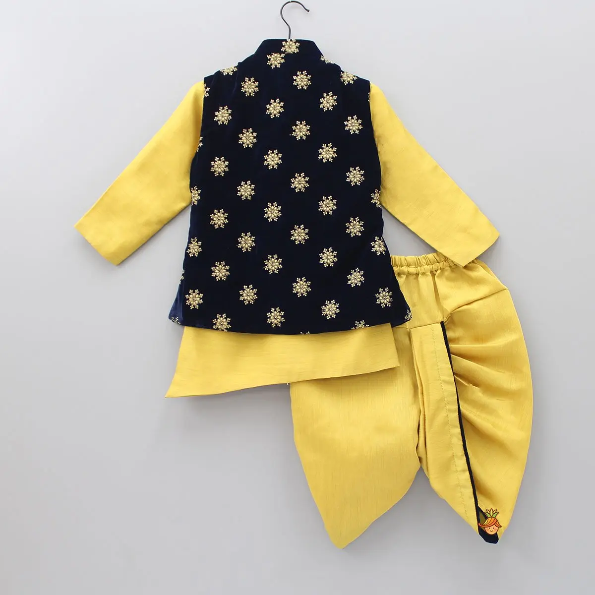 Kids Kurta And Dhoti With Sequin Work Beautiful Embroidered Velvet Jacket Mustard Gold Special Occasion Party