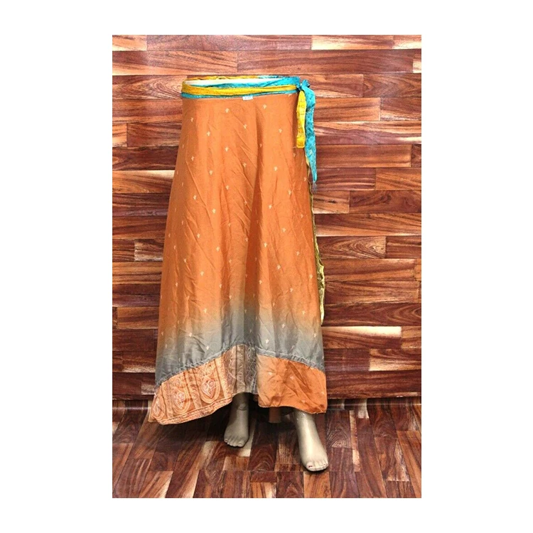 Blue Color Indian Skirt Hippy Long Beach Maxi Wrap Around Silk Sari Skirt Patterned with Elastic Waist for Girls and Women